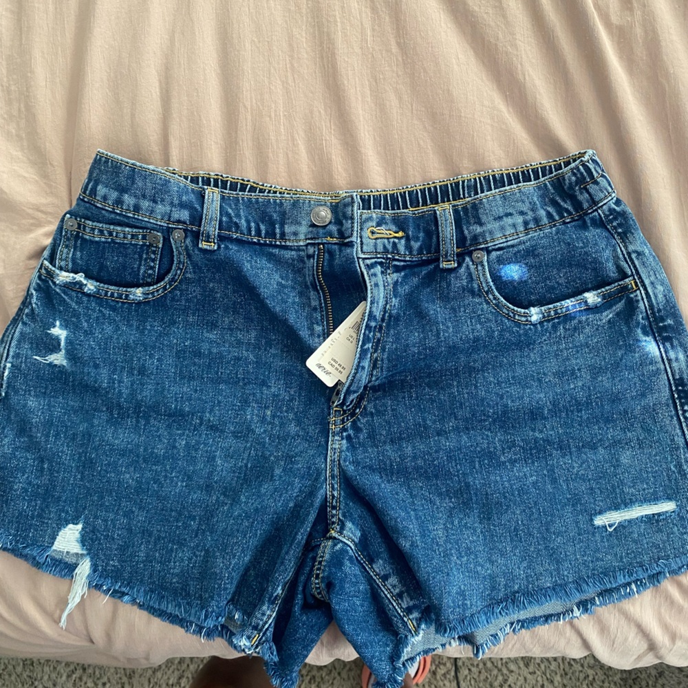 Aerie High-Rise Distressed Denim Shorts in Dark Blue